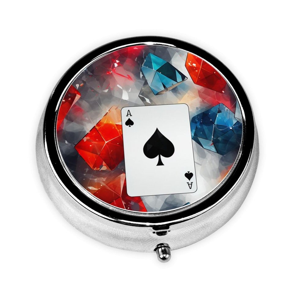 Polygonal Playing Cards Print Pill Box 3 Compartment Round Pill Case with Mirror Metal Pill Organizer Travel Pillbox Mini Medicine Storage Box for Pocket Purse