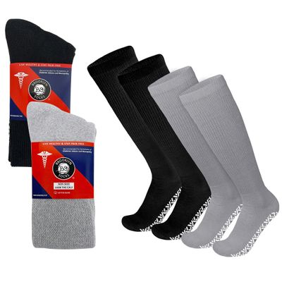 4 Pairs of Non-Skid Over-The-Calf Diabetic Cotton Socks with Non Binding Top (2 Pairs Black and 2 Pairs Gray, Fits US Men's Shoe size 9-12)