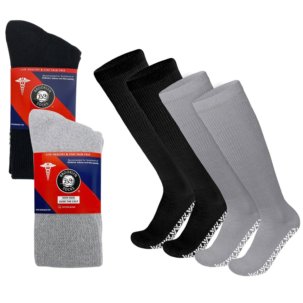 4 Pairs of Non-Skid Over-The-Calf Diabetic Cotton Socks with Non Binding Top (2 Pairs Black and 2 Pairs Gray, Fits US Men's Shoe size 9-12)