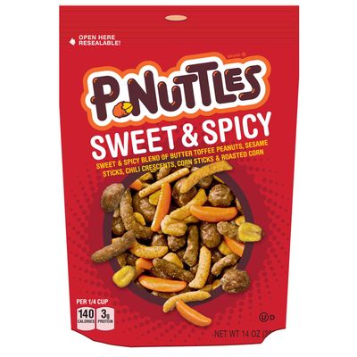 P-Nuttles Sweet & Spicy Snack Mix, 14oz Resealable Bag (Pack of 1) - Butter Toffee Covered Peanuts w/ Sesame Sticks, Chili Crescents, Corn Sticks & Roasted Corn - Kosher Certified Sweet & Spicy Snacks