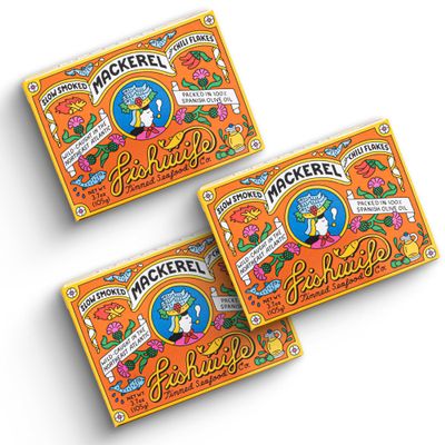Fishwife Slow Smoked Mackerel 3-Pack (3.7 Ounce) | Wild-Caught & Hand-Packed with Crushed Chilis and Garlic | Gluten Free, Omega-3s & High Protein