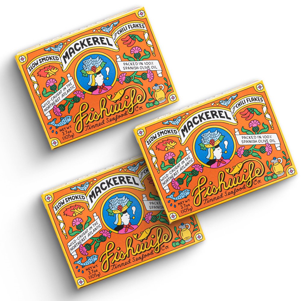 Fishwife Slow Smoked Mackerel 3-Pack (3.7 Ounce) | Wild-Caught & Hand-Packed with Crushed Chilis and Garlic | Gluten Free, Omega-3s & High Protein
