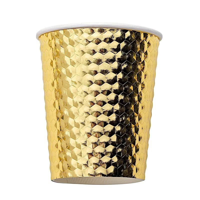 24 Gold 9 oz Metallic Honeycomb All Purpose Disposable Paper Drinking Cups Elegant Drinkware, Paper Cups for Weddings Parties Events Receptions Home Bar Cocktails Dining Tableware Decorations