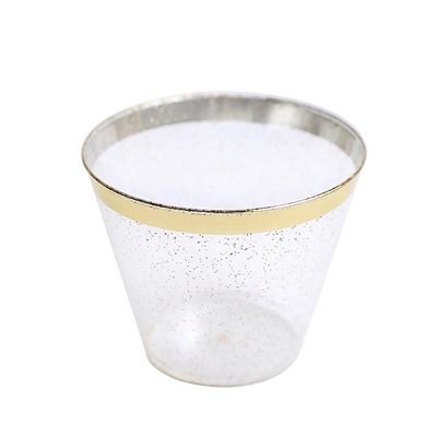Balsa Circle 25 Glittered 9 oz Clear Plastic Disposable Cups Gold Trim Wedding Party Events Reception Catering Decorations Supplies