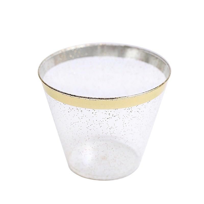 Balsa Circle 25 Glittered 9 oz Clear Plastic Disposable Cups Gold Trim Wedding Party Events Reception Catering Decorations Supplies