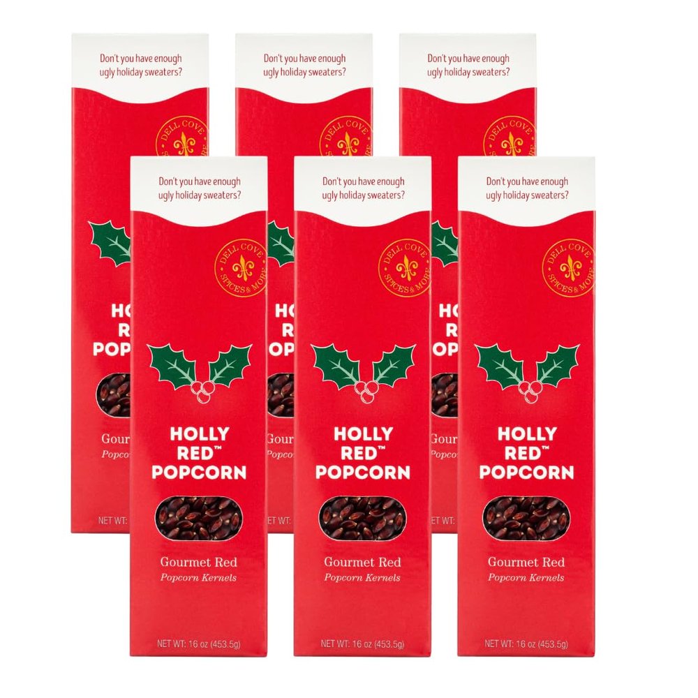 Holly Red Popcorn Kernels - Dell Cove Spices - Unique Christmas Holiday Popcorn Gift for Gourmet Popcorn Lovers - X-Mas Movie Night Unpopped Kernels Set, Six Pounds