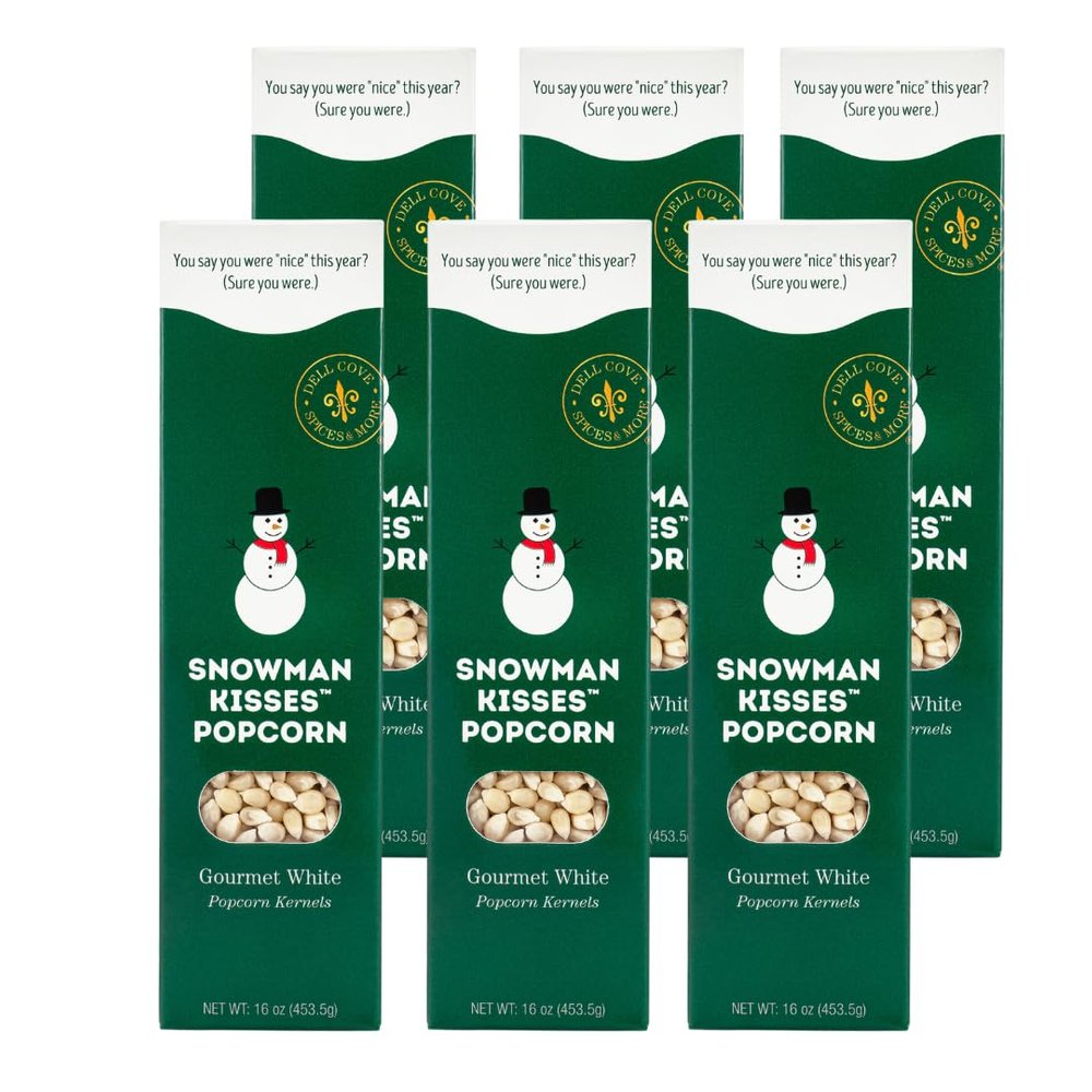 Snowman Kisses Gourmet Popcorn Kernels by Dell Cove Spices - Unique Christmas Stocking Stuffer Gift - Ideal for Stovetop, Popcorn Machines and Popcorn Makers, Case of Six