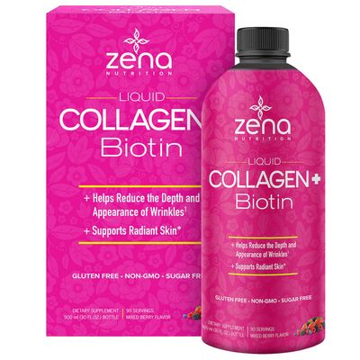 Zena Liquid Collagen + Biotin: 2500mg Collagen, 5000mcg Biotin, Verisol Formula | Hair, Skin, Nail & Joint Support | Non-GMO, Mixed Berry Flavor | 90 Servings