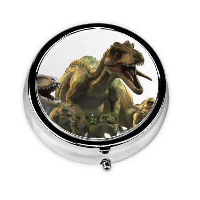 Dinosaurs Theme 3D Print Pill Box 3 Compartment Round Pill Case with Mirror Metal Pill Organizer Travel Pillbox Mini Medicine Storage Box for Pocket Purse
