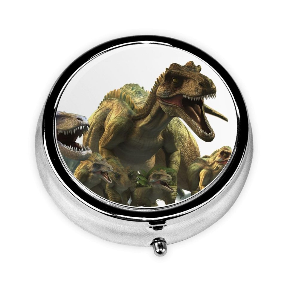 Dinosaurs Theme 3D Print Pill Box 3 Compartment Round Pill Case with Mirror Metal Pill Organizer Travel Pillbox Mini Medicine Storage Box for Pocket Purse