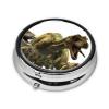 Dinosaurs Theme 3D Print Pill Box 3 Compartment Round Pill Case with Mirror Metal Pill Organizer Travel Pillbox Mini Medicine Storage Box for Pocket Purse view 2