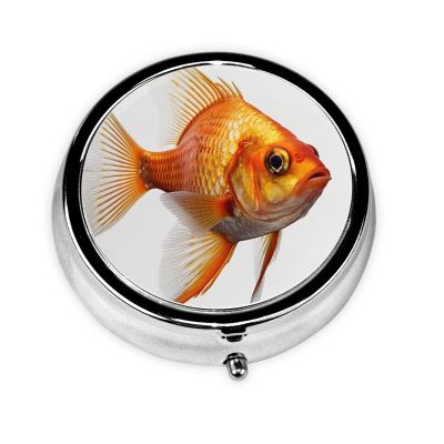 Real Fish Print Pill Box 3 Compartment Round Pill Case with Mirror Metal Pill Organizer Travel Pillbox Mini Medicine Storage Box for Pocket Purse