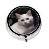 White Cat Print Pill Box 3 Compartment Round Pill Case with Mirror Metal Pill Organizer Travel Pillbox Mini Medicine Storage Box for Pocket Purse view 1