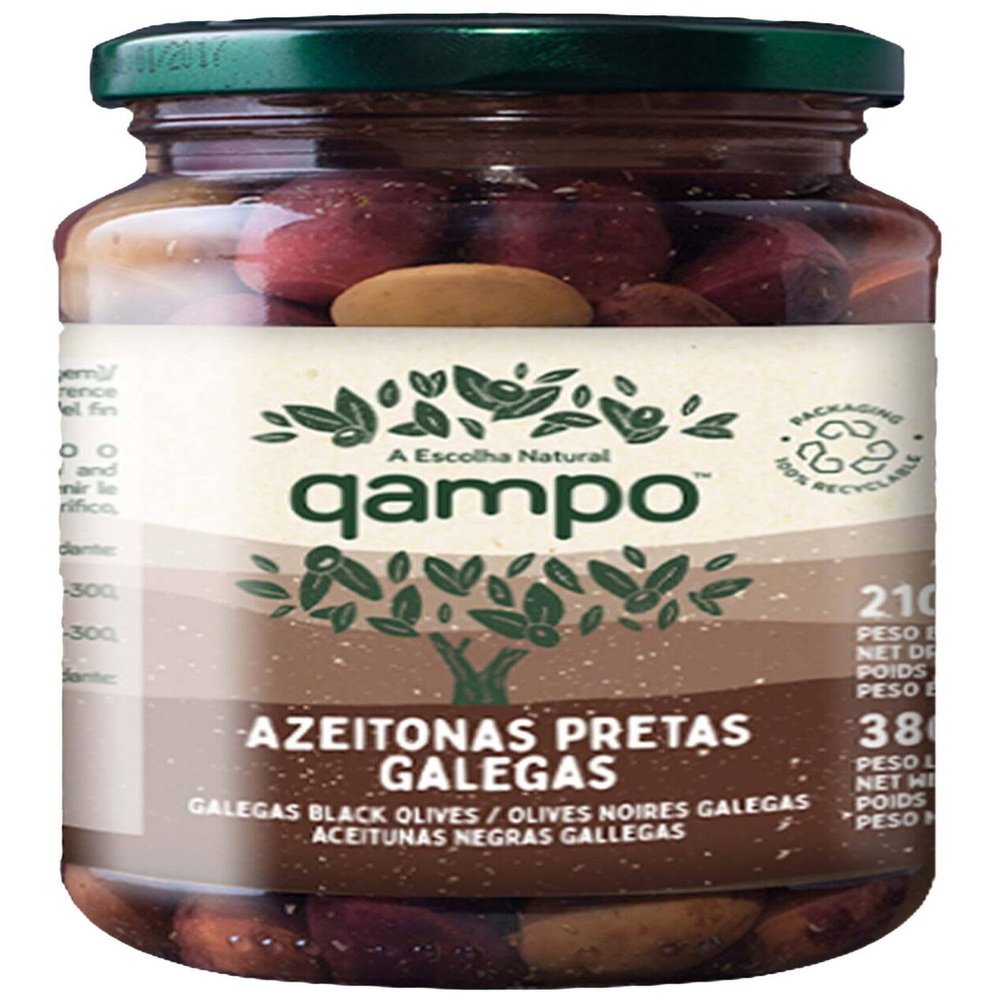 QAMPO - Premium Selected Black Galegas Olives - 3 x 13.05oz Glass Jars