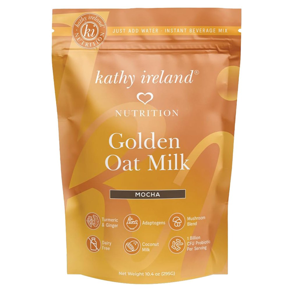 kathy ireland Oat Milk Powder, Plant-Based Golden Milk, Instant Beverage Mix with Mocha Flavor, Adaptogens, Mushrooms, Turmeric & Probiotics, Dairy-Free, 10.4 oz
