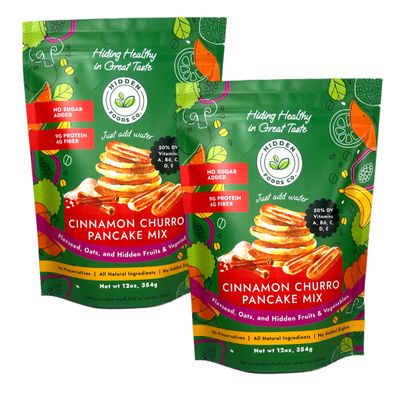 Hidden Foods Cinnamon Pancake Golden Brown Monk Fruit Cinnamon Bun Pancake - Fiber and Protein Churro Pancake Mix with Wheat & Oat Flour Blend of Vegetables - Fully Fiber Waffle Mix Meal 2 Pack