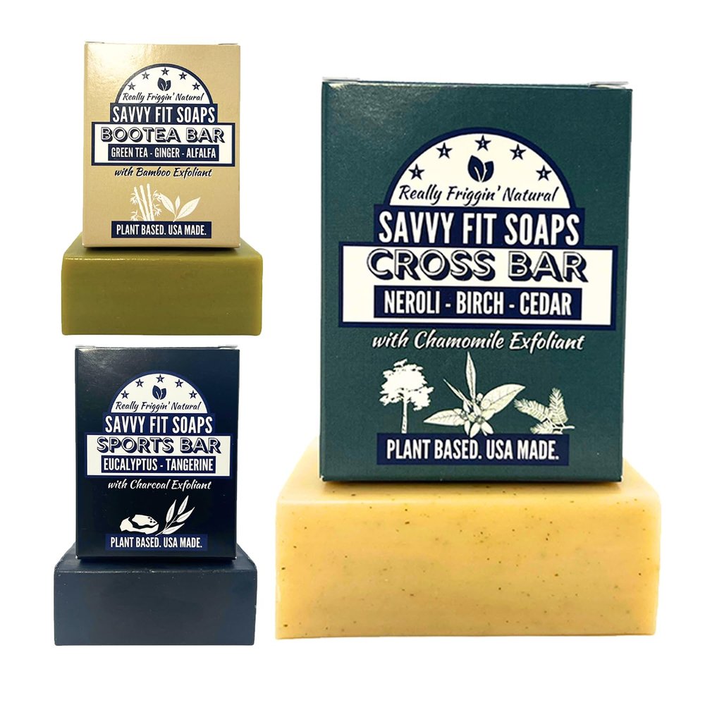 Savvy Fit Soaps Handmade Natural Soap Bar - EXTRA GENTLE BARS - CROSS Bar, BOOTEA Bar, SPORTS Bar Soap Bars - Plant-Based - Both Body & Face - Cruelty-Free Gift for All (Pack of 3) 4.5 oz/Bar