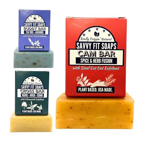 Savvy Fit Soaps Handmade Natural Soap Bar - TOP MENS BARS - CAM Bar, BUDDY Bar, CROSS Bar Soap Bars - Plant-Based - Both Body & Face - Cruelty-Free Gift (Pack of 3) 4.5 oz/Bar