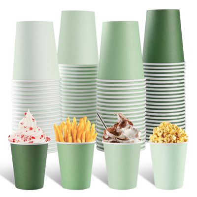 AimFun 100 Pcs Sage Green Paper Cups 9oz Disposable Coffee Paper Cups Gradient Green Party Cups Birthday Bridal Shower Beverage Drinking Cups for Wedding Picnic St Patricks Tea Party Supplies