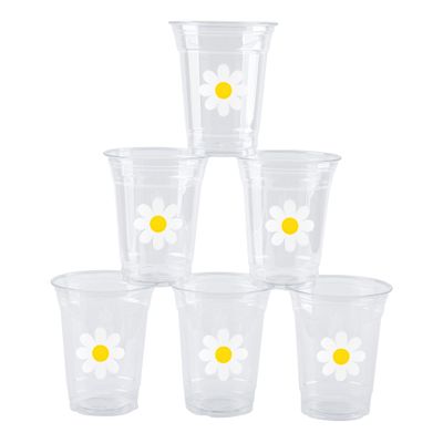 AimFun 100 Pc Daisy Disposable Plastic Cups Groovy Party Cups 12 oz White Flower Cold Drinking Cups for Hippie Boho Party Decor Spring Birthday Baby Shower Supplies