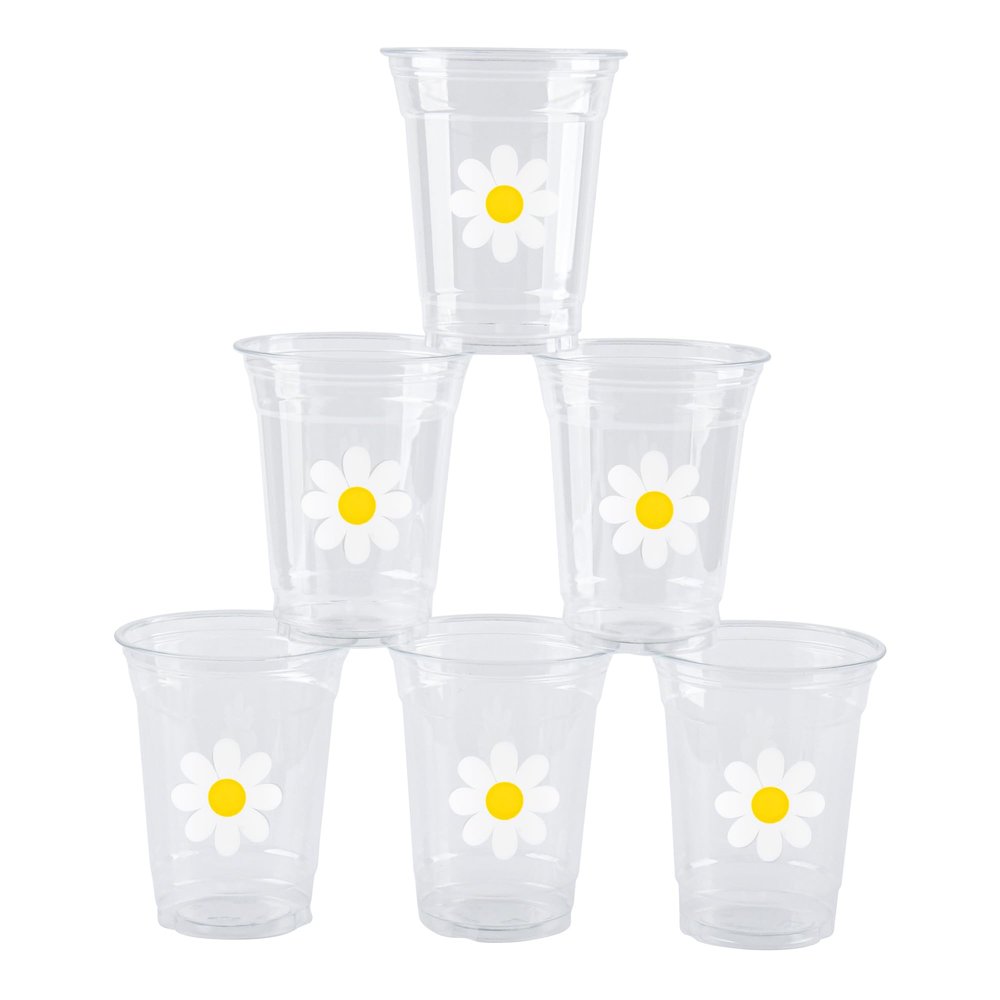 AimFun 100 Pc Daisy Disposable Plastic Cups Groovy Party Cups 12 oz White Flower Cold Drinking Cups for Hippie Boho Party Decor Spring Birthday Baby Shower Supplies