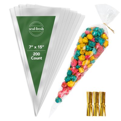 Seal Fresh Cone Cellophane Bags with Twist Ties  7 x 15 Inch (200 Pack)  Clear Cone-Shaped Treat Bags for Candy, Snacks, Party Favors, Popcorn, Gifts