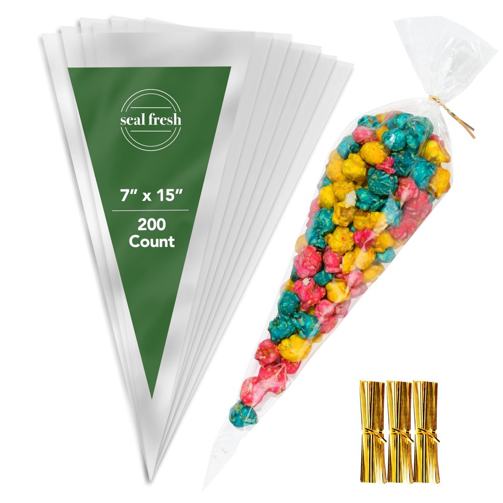 Seal Fresh Cone Cellophane Bags with Twist Ties  7 x 15 Inch (200 Pack)  Clear Cone-Shaped Treat Bags for Candy, Snacks, Party Favors, Popcorn, Gifts