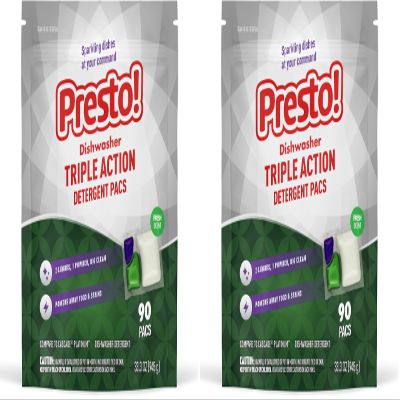 Amazon Brand - Presto! Triple Action Dishwasher Pacs, Fresh Scent, 90 Count (Pack of 2)