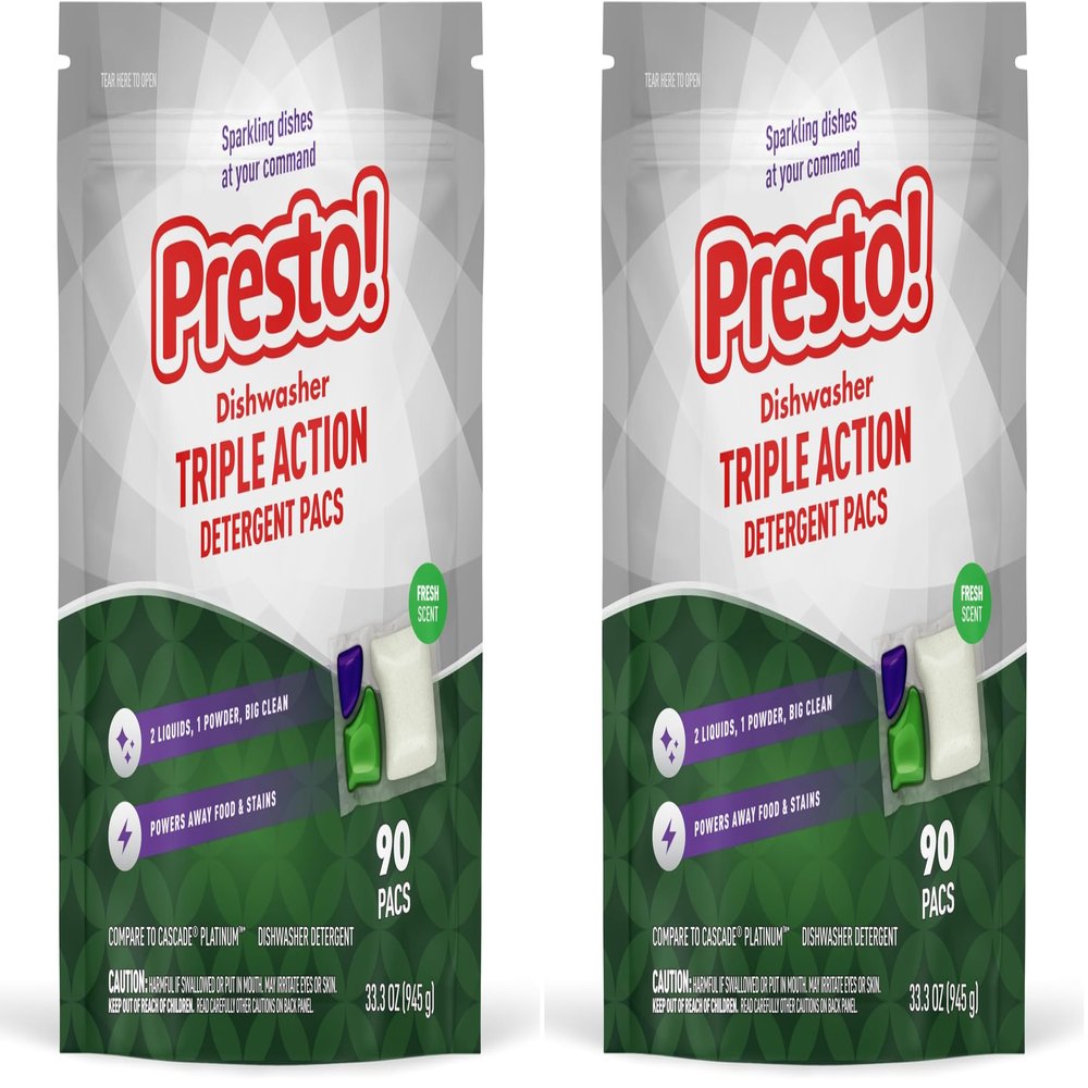 Amazon Brand - Presto! Triple Action Dishwasher Pacs, Fresh Scent, 90 Count (Pack of 2)