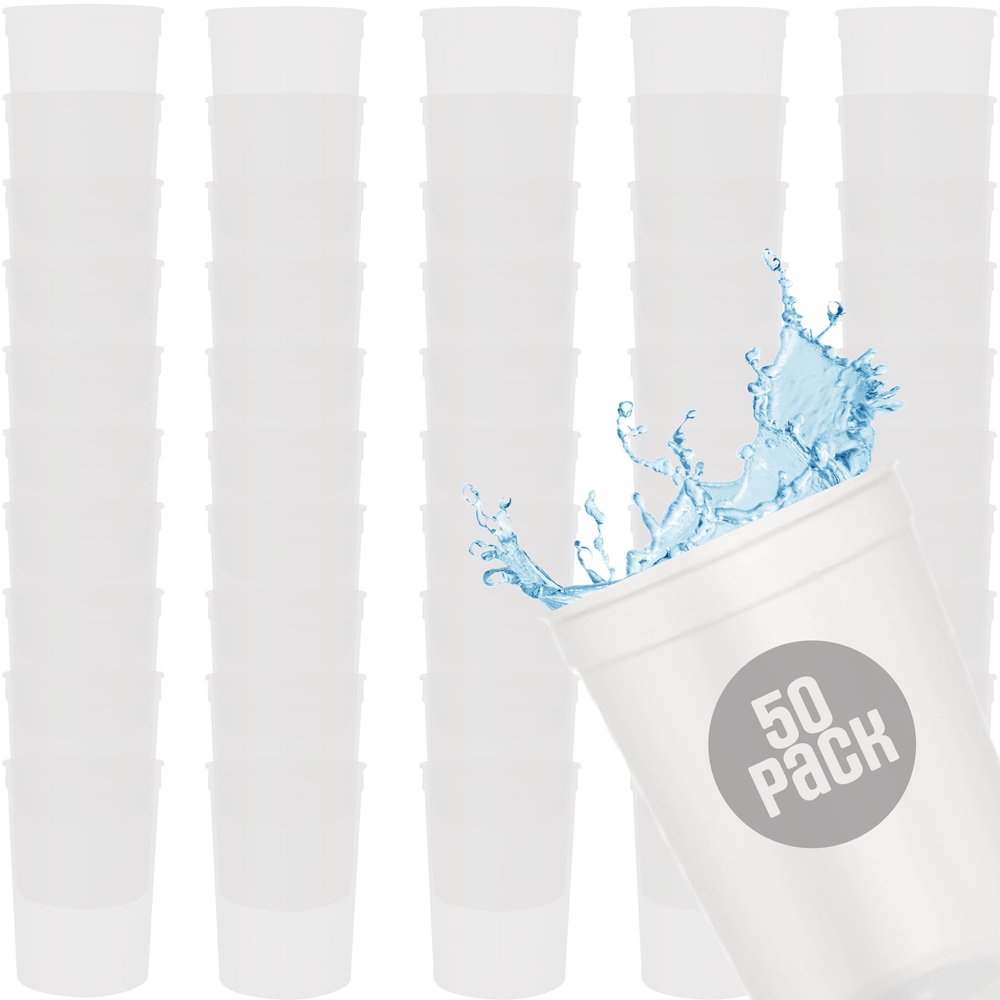 USMG 50 Pack Reusable Polypropylene 16oz Bulk Blank Stadium Cups for Celebration Events Party Favors or DIY Crafting (Clear)