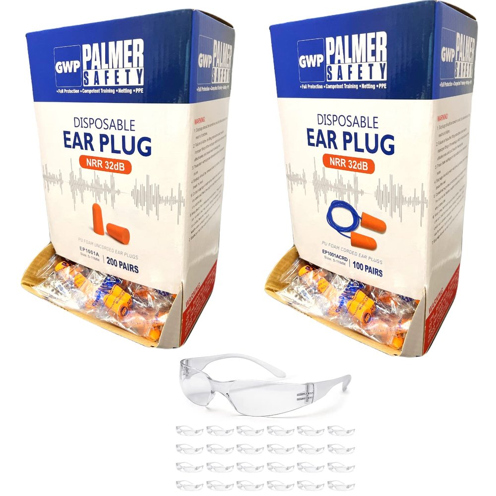 ATERET Earplugs 300 Pairs & 24 Pairs of Safety Glasses I 32db Noise Cancelling Soft Disposable Ear Plugs I Safety Hearing & Eye Protection for Hunting Shooting Range Work Construction