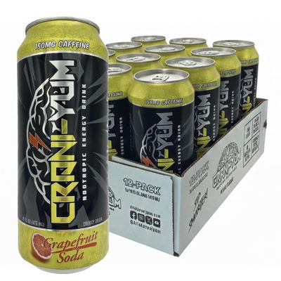 Crani-Yum Nootropic Energy Drink 12 Pack (Grapefruit Soda) 16oz - Energy & Focus, Sugar Free, No Artificial Colors, Lion's Mane, Alpha GPC, L-Theanine, Gingko Biloba, Ginseng, Inositol