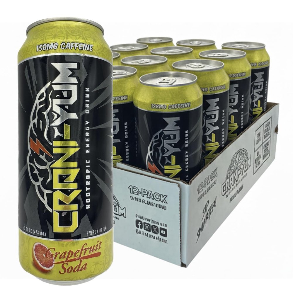 Crani-Yum Nootropic Energy Drink 12 Pack (Grapefruit Soda) 16oz - Energy & Focus, Sugar Free, No Artificial Colors, Lion's Mane, Alpha GPC, L-Theanine, Gingko Biloba, Ginseng, Inositol