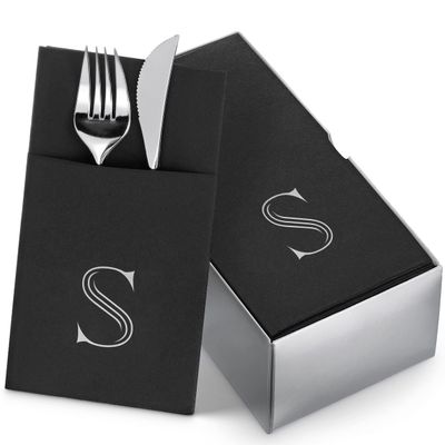 50-Pack Monogrammed Napkins Black With Pocket For Flatware, 16" x 16" Silver Foil Letter S Disposable Linen-Feel Napkins, Prefolded Silverware Pocket Napkins For wedding, Party Or Baby Shower