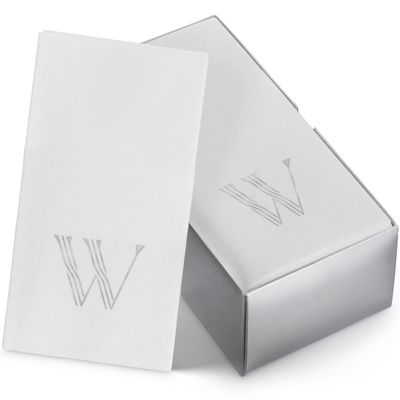50-Pack Linen-Feel Mongrammed Napkins Paper, 12" x 17" Silver Foil Letter W Napkins Disposale, Initial Guest Towels For Wedding, Bathroom, Party, Baby Shower, Or Event