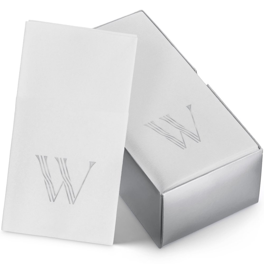 50-Pack Linen-Feel Mongrammed Napkins Paper, 12" x 17" Silver Foil Letter W Napkins Disposale, Initial Guest Towels For Wedding, Bathroom, Party, Baby Shower, Or Event