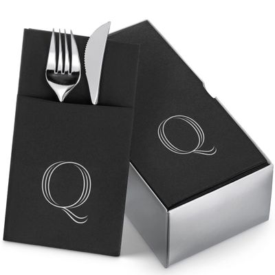 50-Pack Monogrammed Napkins Black With Pocket For Flatware, 16" x 16" Silver Foil Letter Q Disposable Linen-Feel Napkins, Prefolded Silverware Pocket Napkins For wedding, Party Or Baby Shower