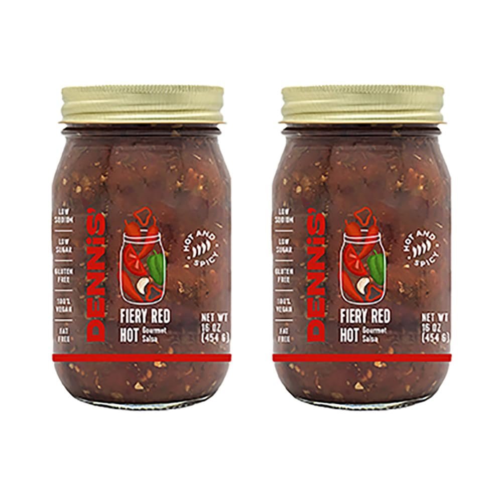 All-Natural Fiery Red Hot Salsa Dennis Gourmet Spicy Salsa | Fresh & Chunky, Low Sugar, Low Sodium, Gluten-Free, Vegan, Low Carb | 2 Pack 16 oz Each
