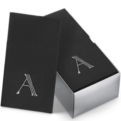50-Pack Linen-Feel Mongrammed Napkins Black Paper, 12" x 17" Silver Foil Letter A Napkins Disposale, Initial Guest Towels For Wedding, Bathroom, Party, Baby Shower, Or Event