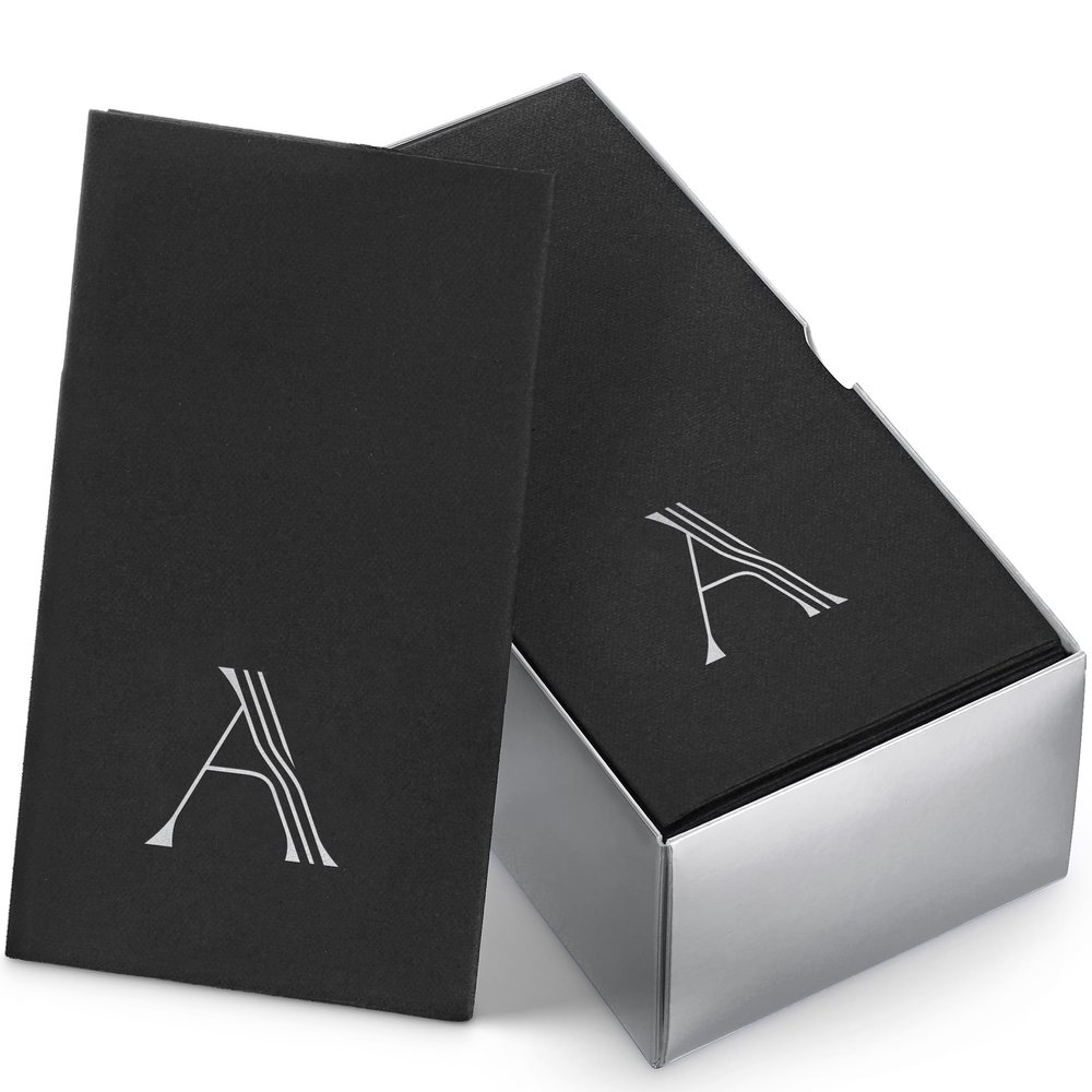50-Pack Linen-Feel Mongrammed Napkins Black Paper, 12" x 17" Silver Foil Letter A Napkins Disposale, Initial Guest Towels For Wedding, Bathroom, Party, Baby Shower, Or Event