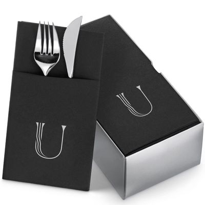 50-Pack Monogrammed Napkins Black With Pocket For Flatware, 16" x 16" Silver Foil Letter U Disposable Linen-Feel Napkins, Prefolded Silverware Pocket Napkins For wedding, Party Or Baby Shower