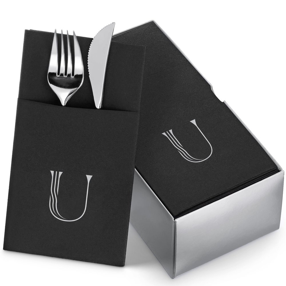 50-Pack Monogrammed Napkins Black With Pocket For Flatware, 16" x 16" Silver Foil Letter U Disposable Linen-Feel Napkins, Prefolded Silverware Pocket Napkins For wedding, Party Or Baby Shower