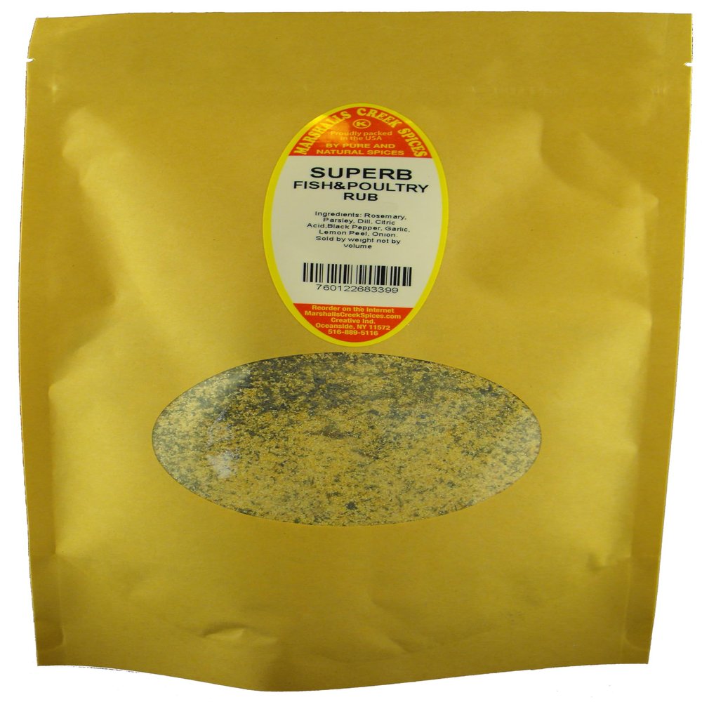Marshalls Creek Spices Superb Fish & Poultry Rub No Salt 11 oz. Kraft Stand Up Pouch ECO Friendly Recyclable Mailer