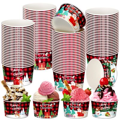 Domensi 100 Pcs Christmas Treat Snack Cups 12 oz Xmas Themed Paper Treat Food Snack Disposable Paper Bowls Holiday Ice Cream Bowls for Parties Merry Christmas Dessert Cups(Stylish)