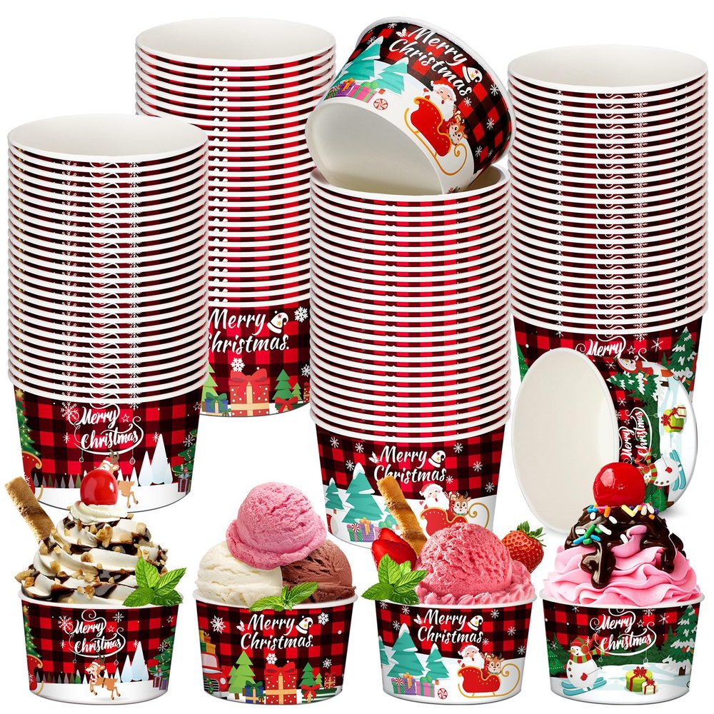 Domensi 100 Pcs Christmas Treat Snack Cups 12 oz Xmas Themed Paper Treat Food Snack Disposable Paper Bowls Holiday Ice Cream Bowls for Parties Merry Christmas Dessert Cups(Stylish)