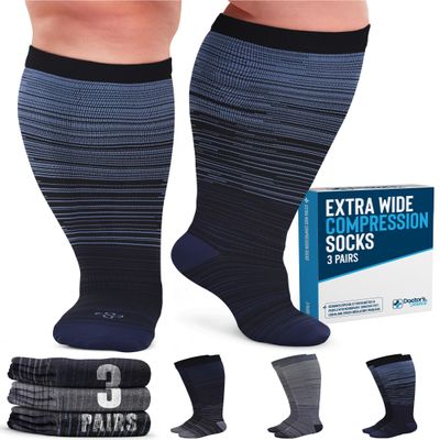 Doctor's Select 3 Pairs Plus Size Compression Socks Wide Calf - Up to 6XL | 20-30 mmHg Plus Size Compression Socks for Women Wide Calves | Line Patterns 2