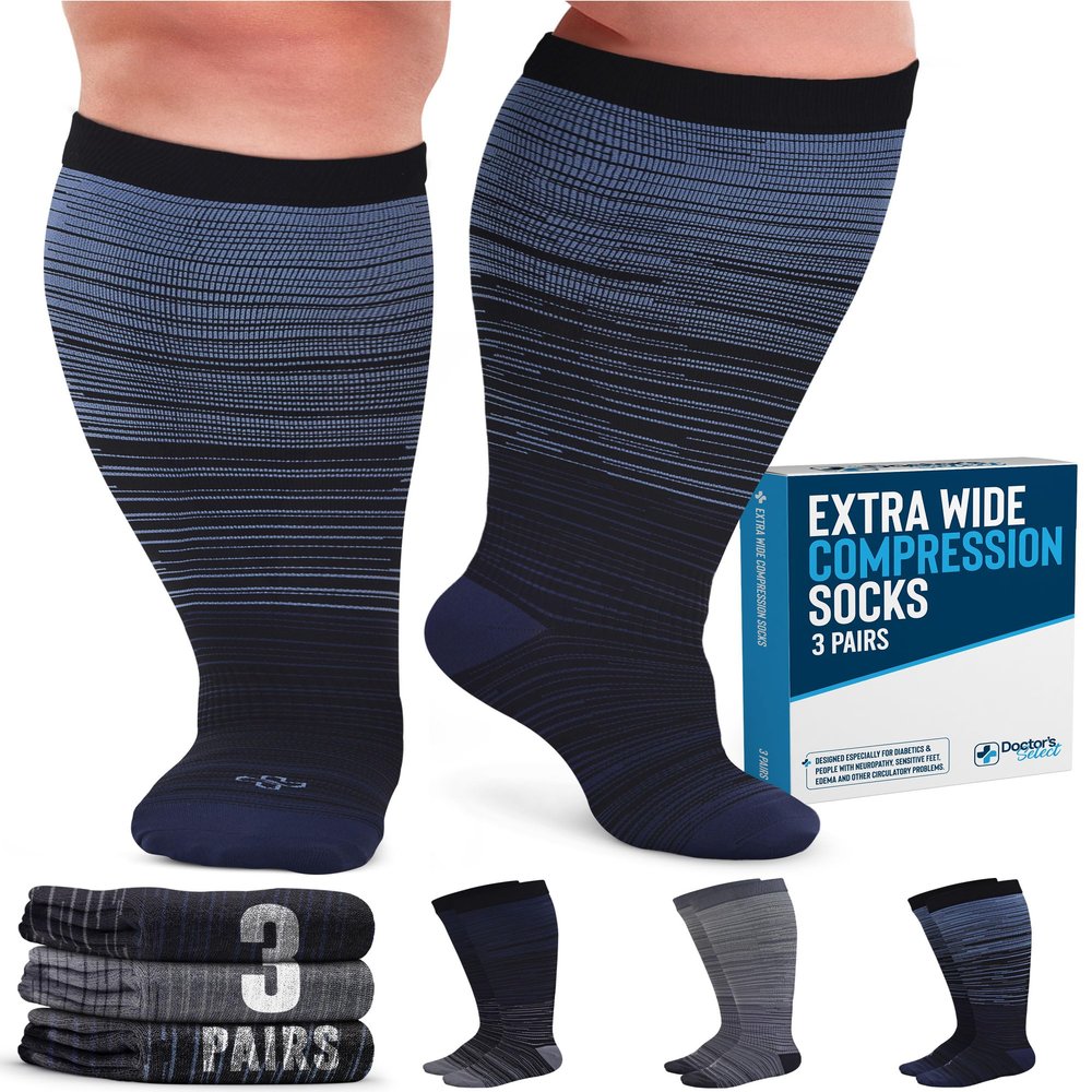 Doctor's Select 3 Pairs Plus Size Compression Socks Wide Calf - Up to 6XL | 20-30 mmHg Plus Size Compression Socks for Women Wide Calves | Line Patterns 2