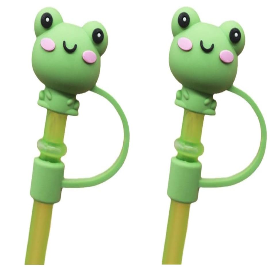 2Pcs Green Cute Frog Straw Tips Cover,Silicone Animals Straw Cover,Cartoon Straw Topper,Reusable Drinking Straw Cover,Dust Proof Straw Plugs for Straws Outdoor Home Kitchen Party Decor Straws(6-8 mm)