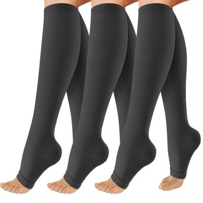 OUIVIAL 3 Pack Copper Compression Socks for Women&Men, 20-30mmHg Open Toe Knee High Support Socks for Varicose Vein,Running