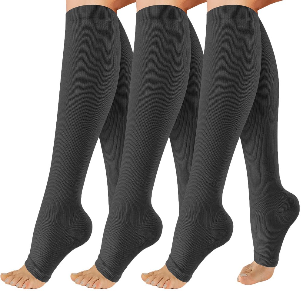 OUIVIAL 3 Pack Copper Compression Socks for Women&Men, 20-30mmHg Open Toe Knee High Support Socks for Varicose Vein,Running